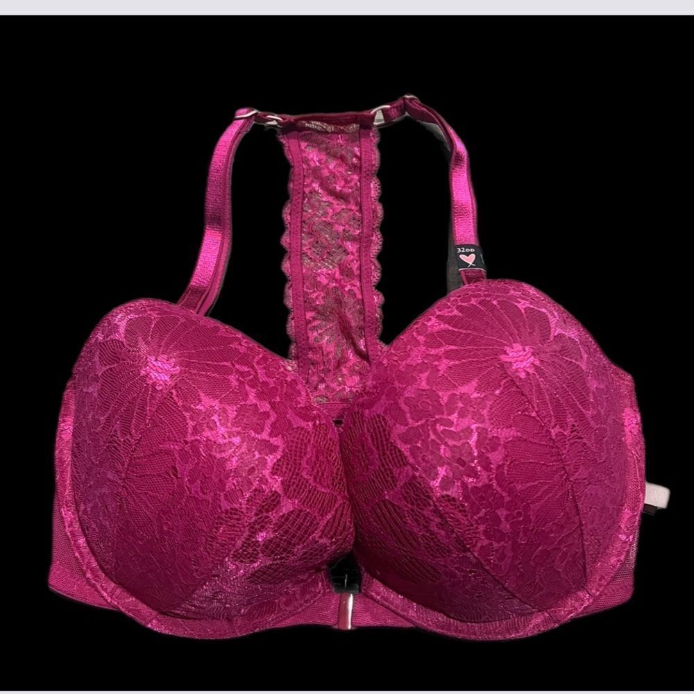 Victoria’s Secret Push Up Padded Racerback front closure lace bra magenta 32DD